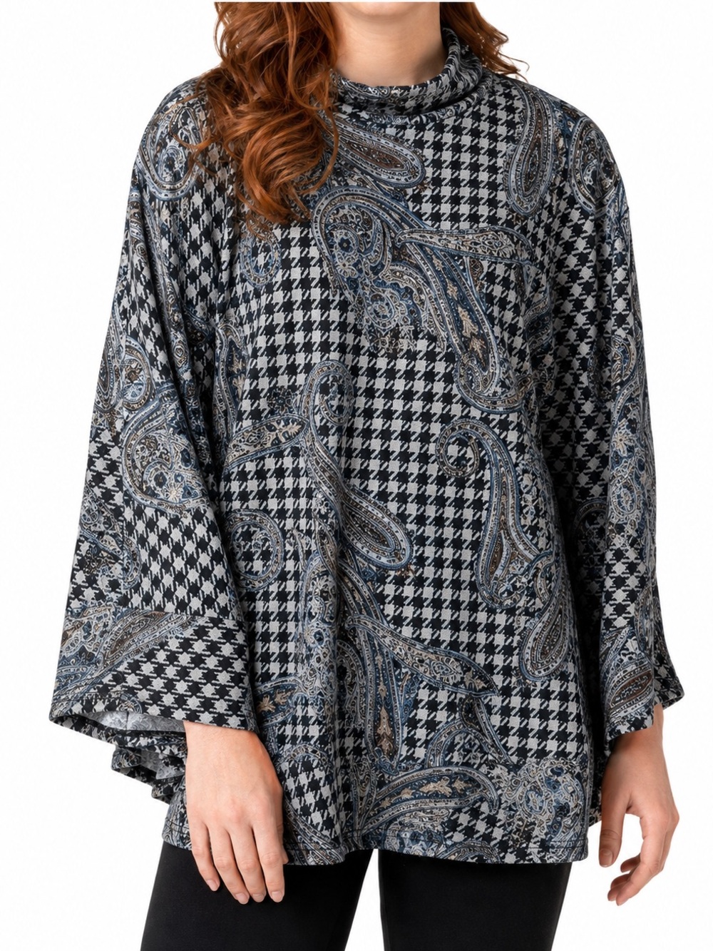 Susan Graver Houndstooth Paisley Print Cowl Neck Poncho Cape Black Gray XL/1X